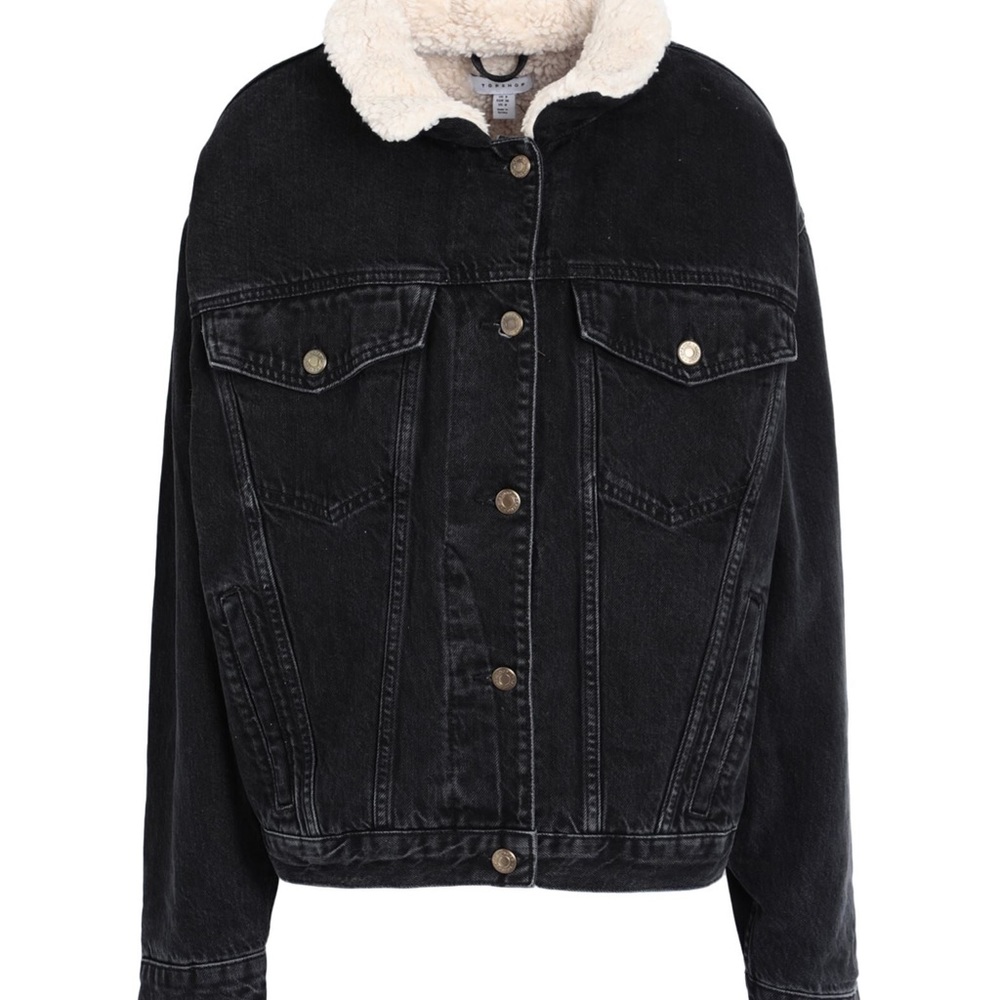 Top shop black denim shearling jacket